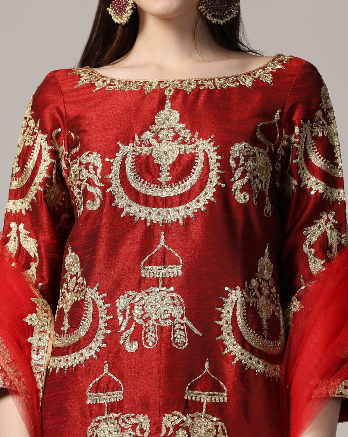 Maroon Aari Embroidered Kurta Set With Dupatta