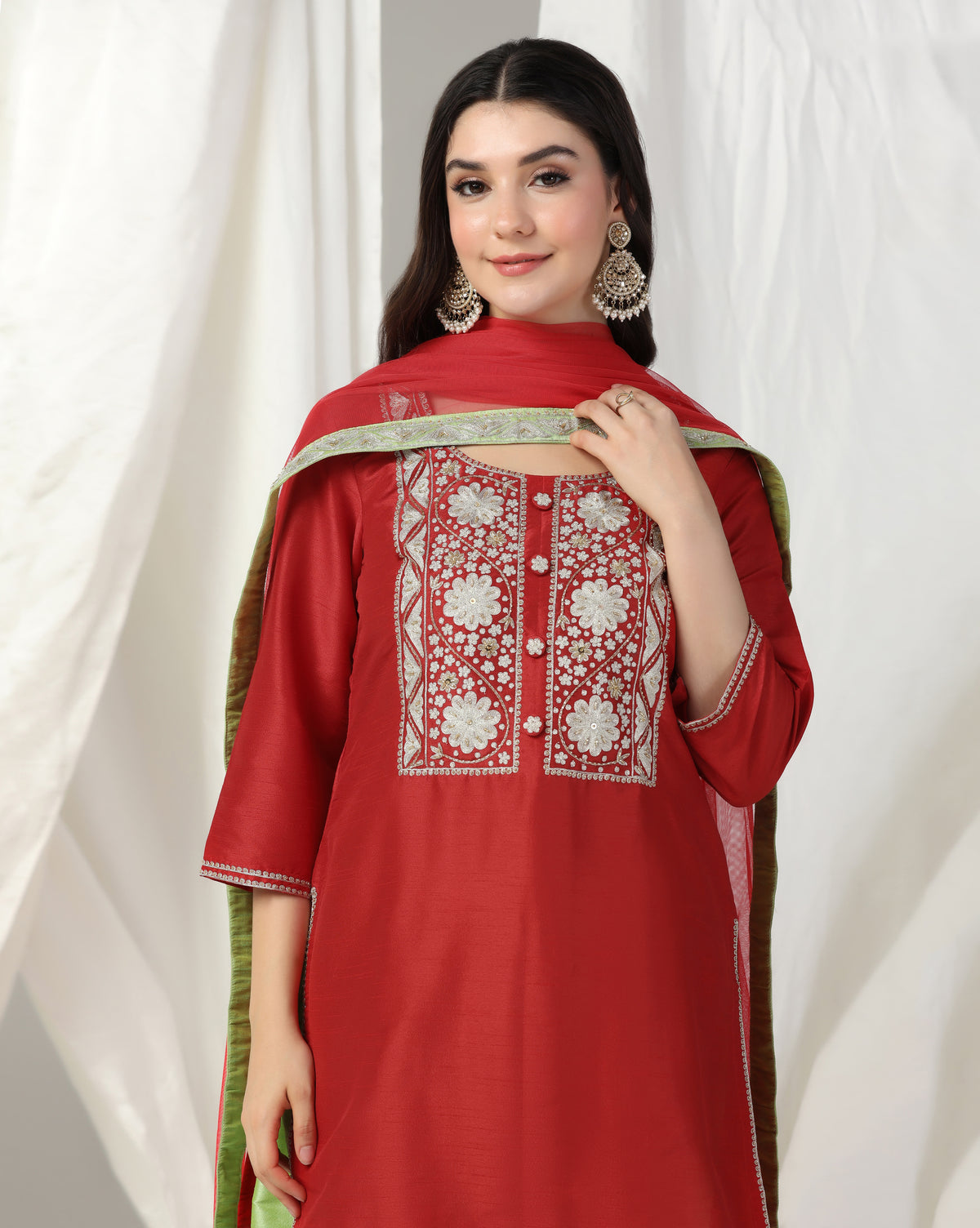 Aari Embroidered Red Kurta Set With Dupatta