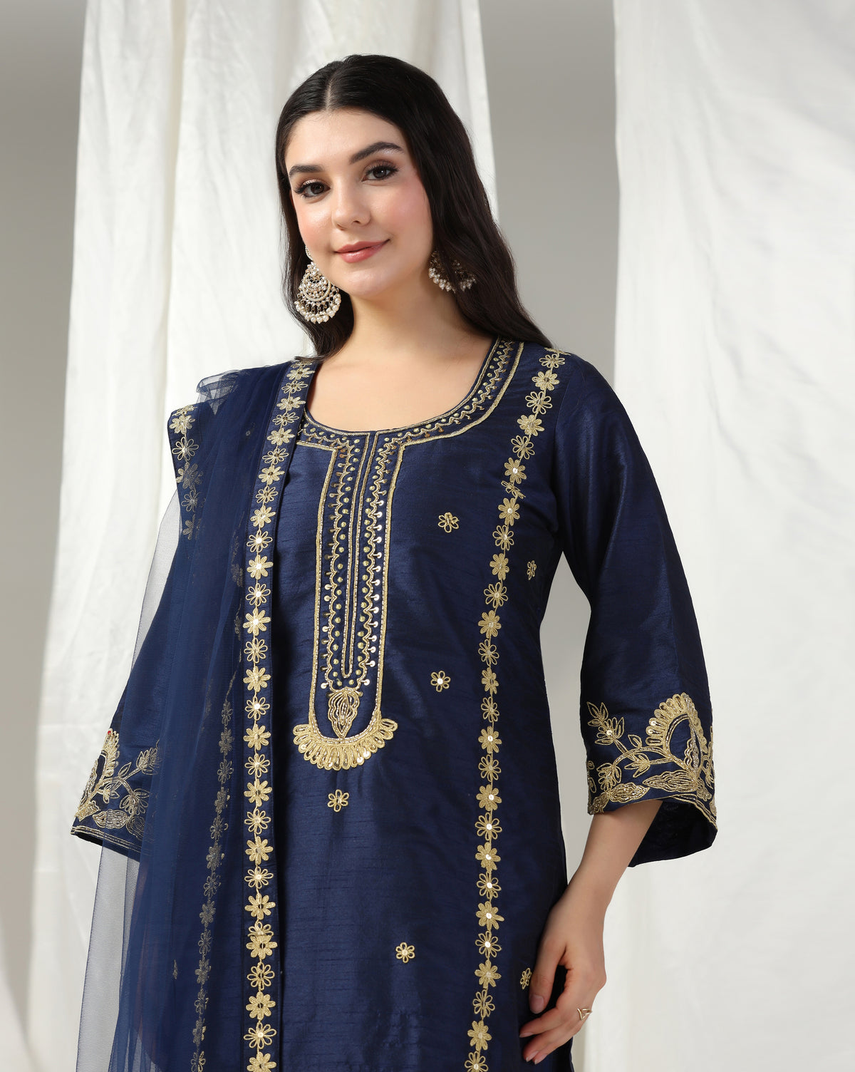Dark Blue Dori Embroidery Kurta Set with Dupatta