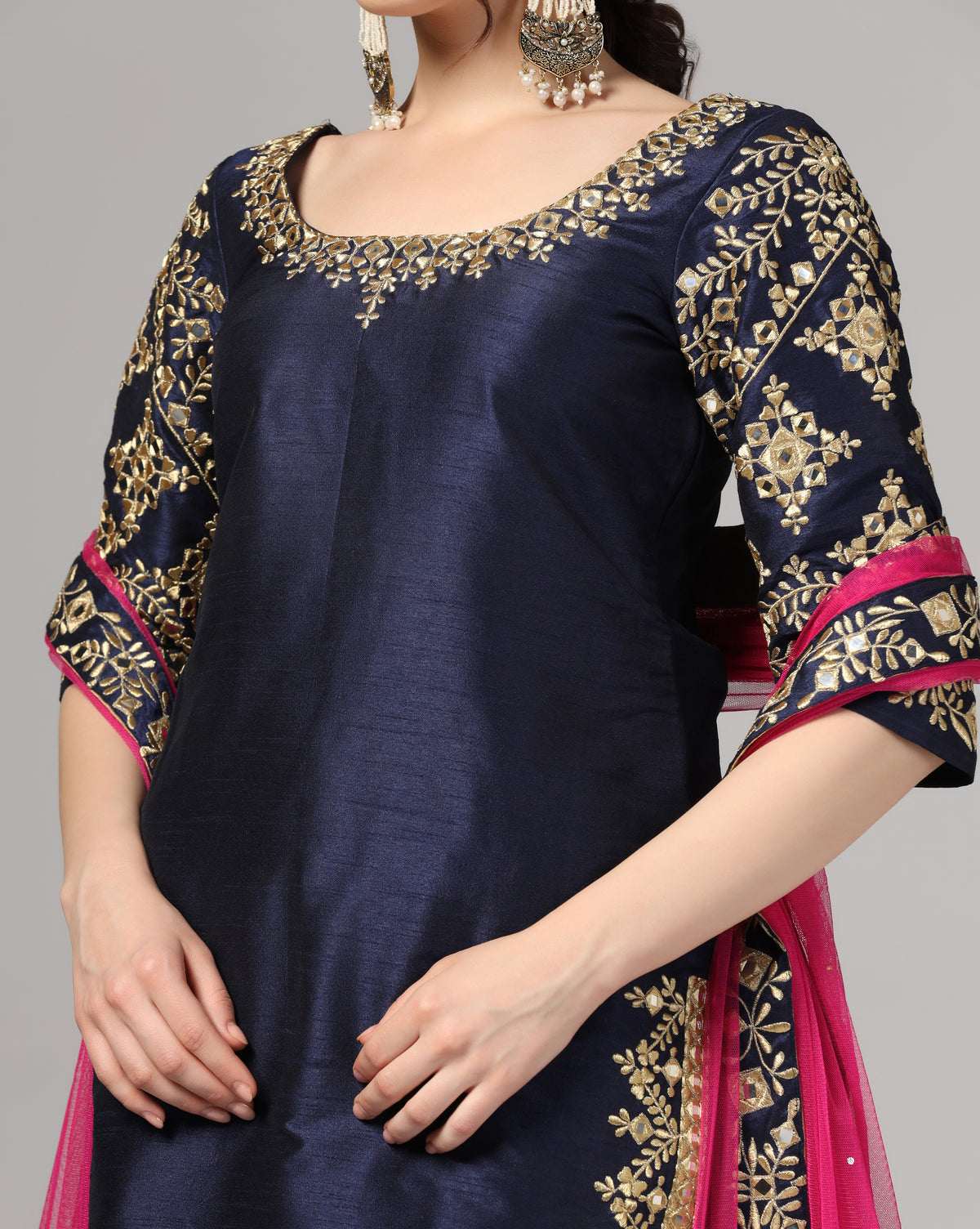 Blue Dupion Silk Suit With Blue Dupatta Zari Thread & Mirror Work.