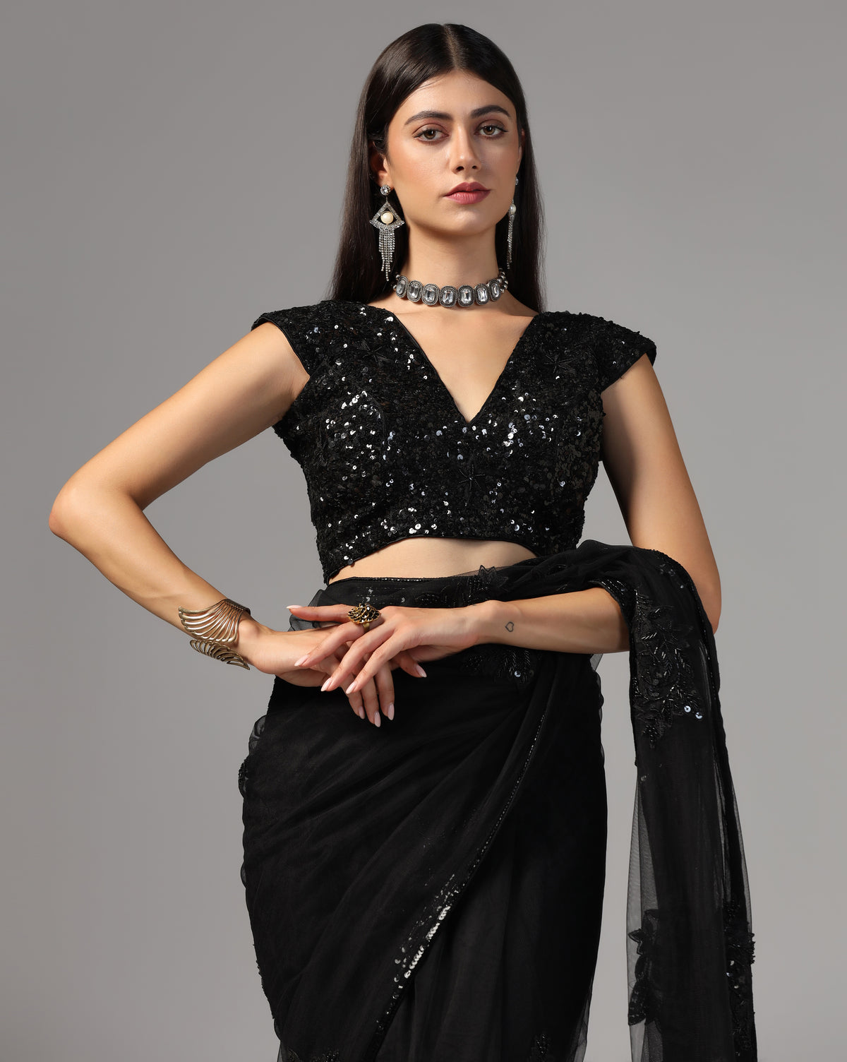Black Net Hand Embroidered Saree