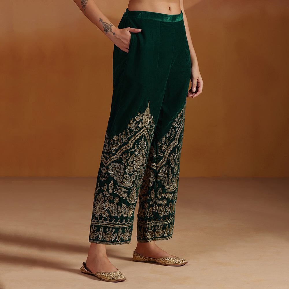 Emerald Green Velvet Aari Embroidered Kurta Set