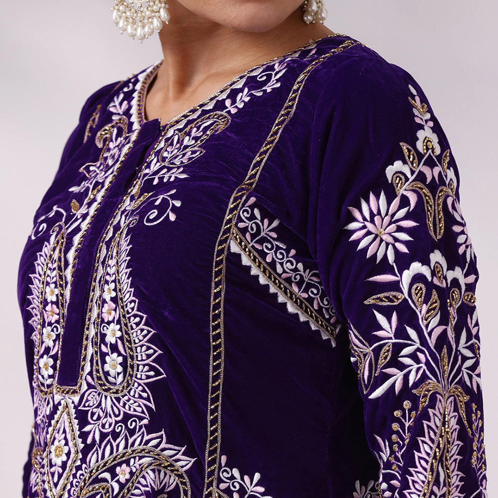 Purple Thread Embroidered Kurta Set