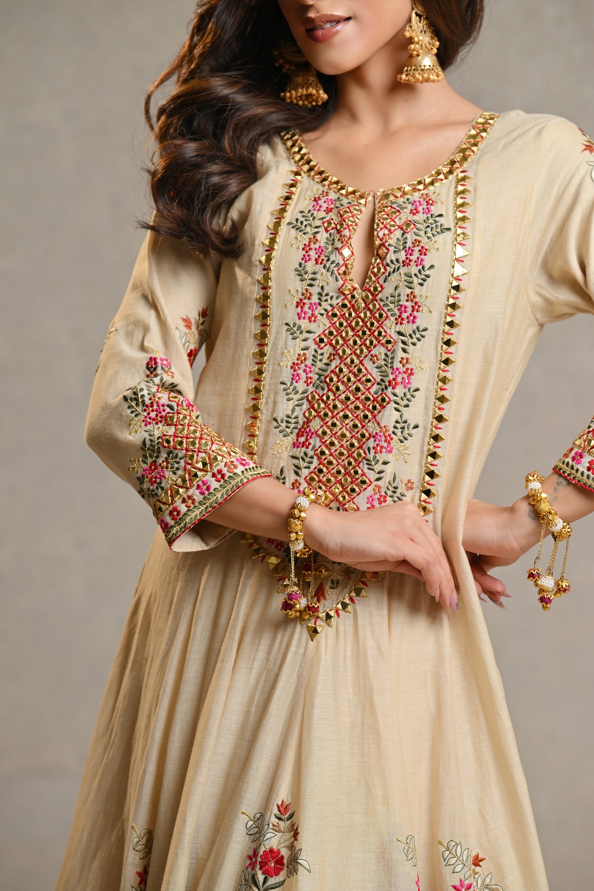 Elegant Ivory Beige Embroidered Anarkali Set