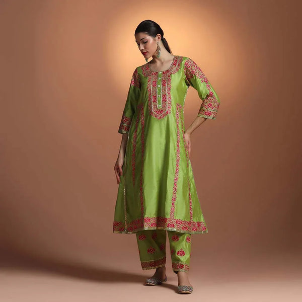 Green Chanderi Embroidered Kurti