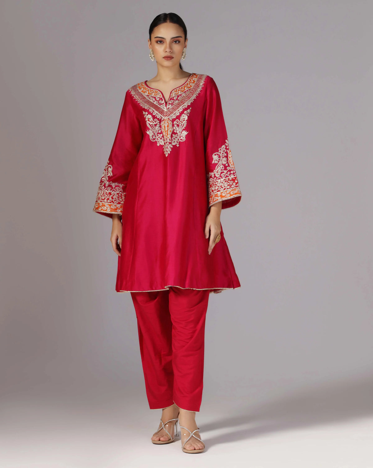 Chanderi Red Dori Embroidery Kurta Set