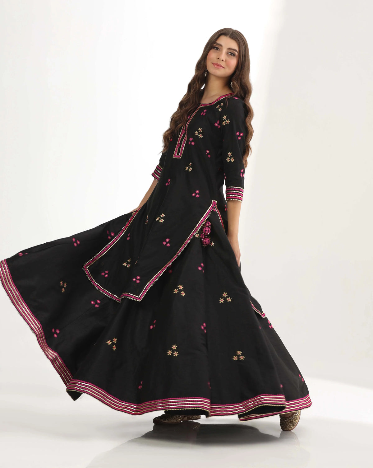 Black Chanderi Long Kurti Lehenga