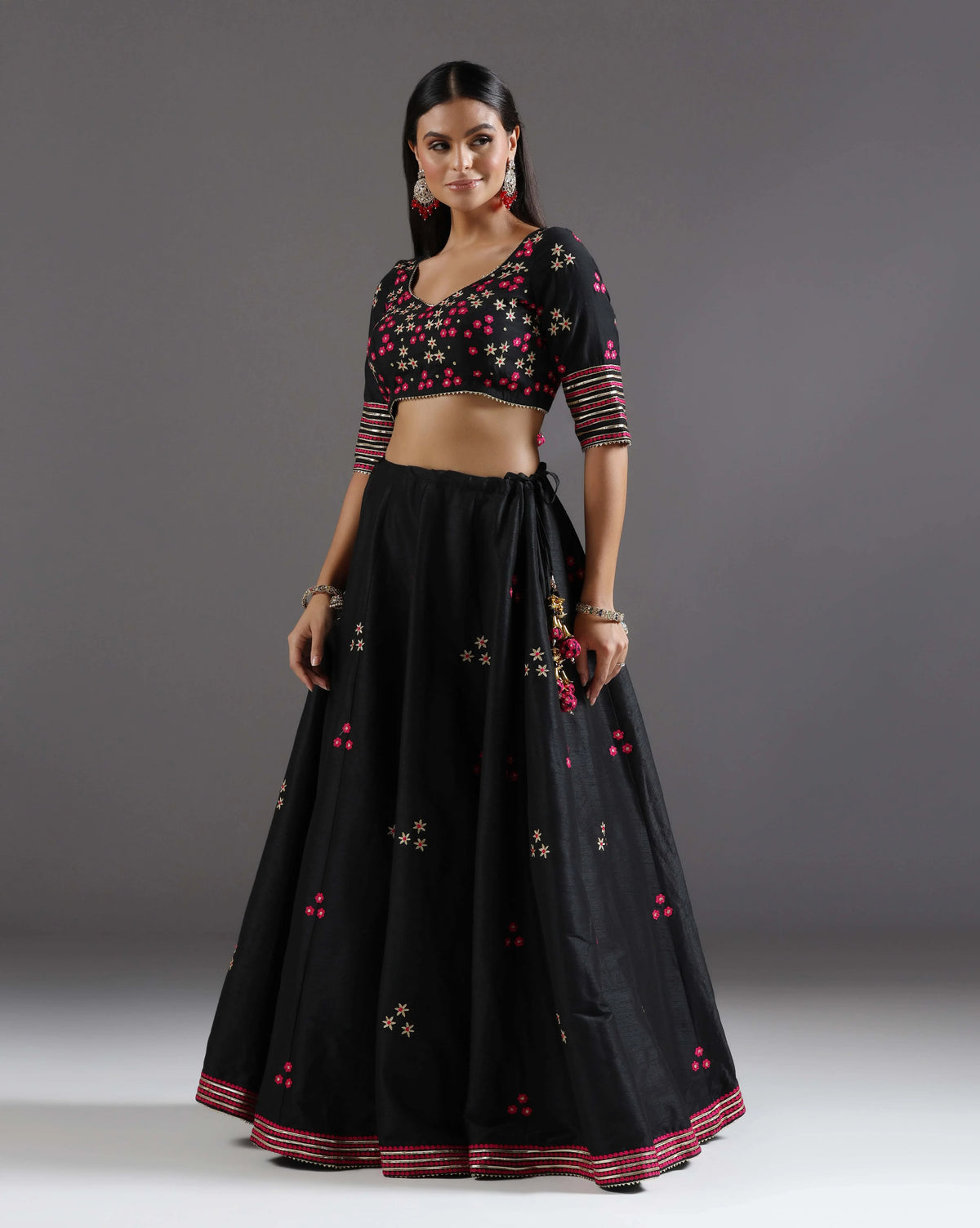 Black Chanderi Embroidered Gotta Lehenga