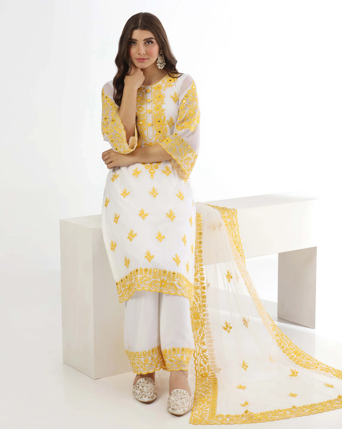 Sunshine Mirror Yellow Kurta Palazzo Set With Aari Detailing