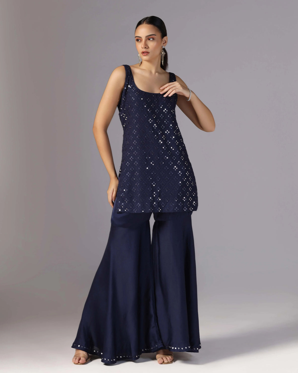 Cosmic Blue Mirror Kurti With Chiffon Sharara