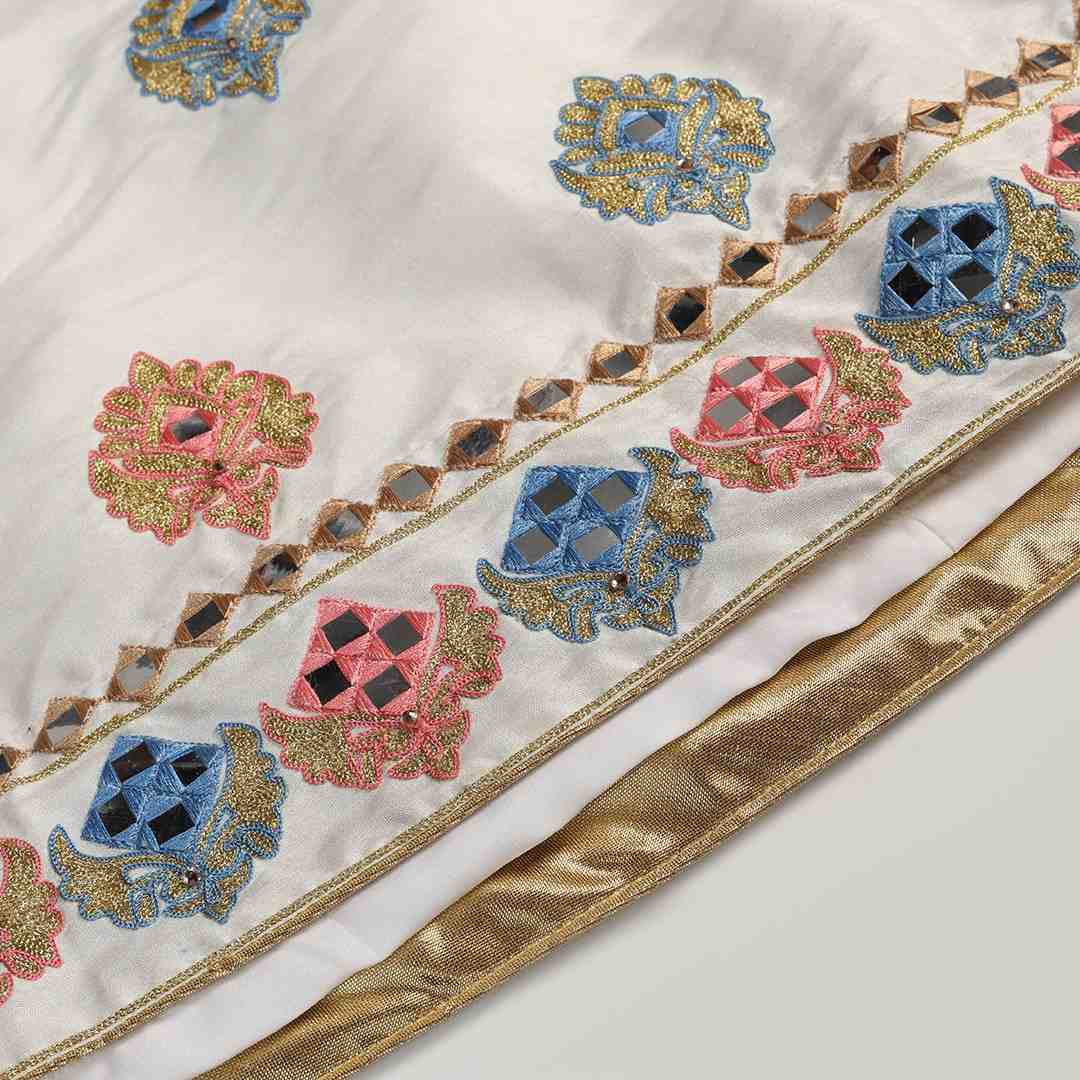 Classic Off White Anarkali with Hand Crafted Resham Aari & Mirror Work