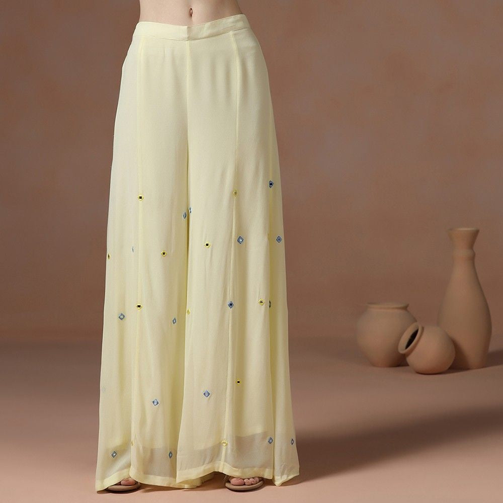 Pastel Yellow Georgette Mirror Work Kurta Sharara Set