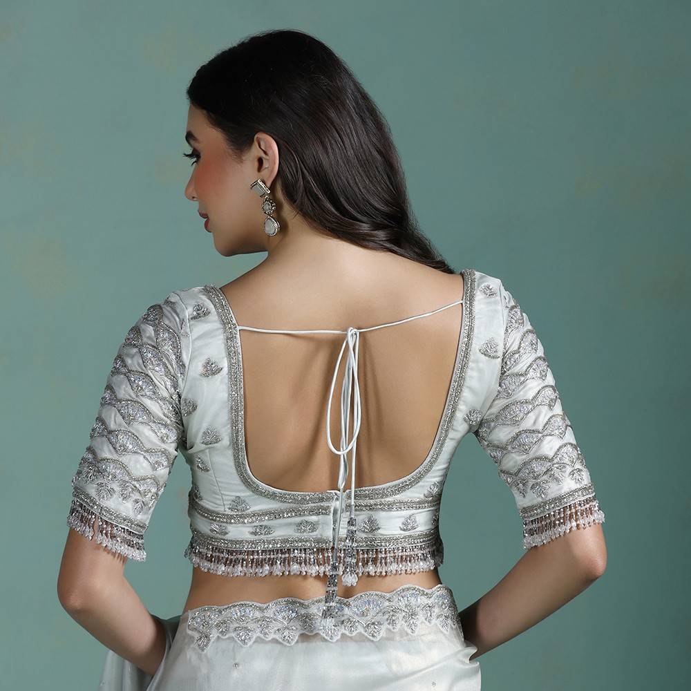 Moon Light Silver Hand Embroidered Silk Saree