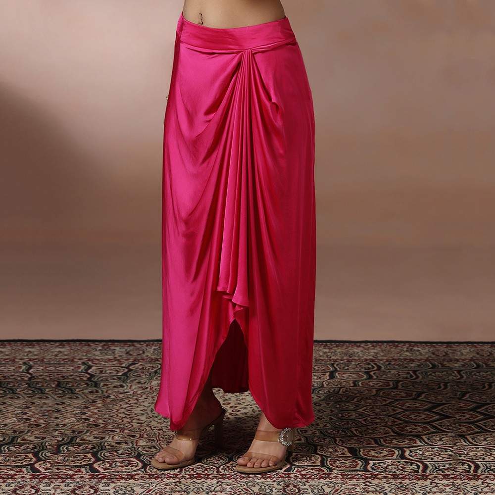 Rani Pink Embroidered Kurta & Drape Skirt Set