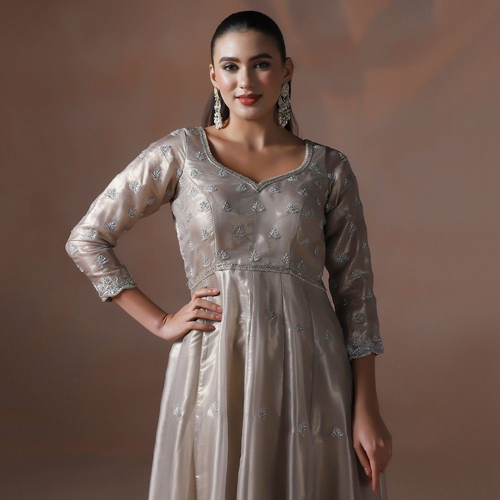Moon Silver Hand Embroidered Anarkali Set with Dupatta