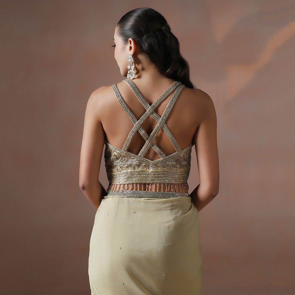 Gold Organza Hand Crafted Sequin Work Saree with Designer Blouse
