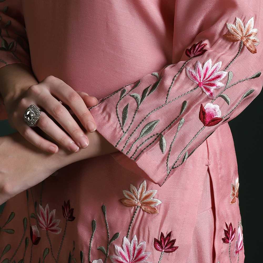 Peach Pink Crepe Embroidered Kurta Set