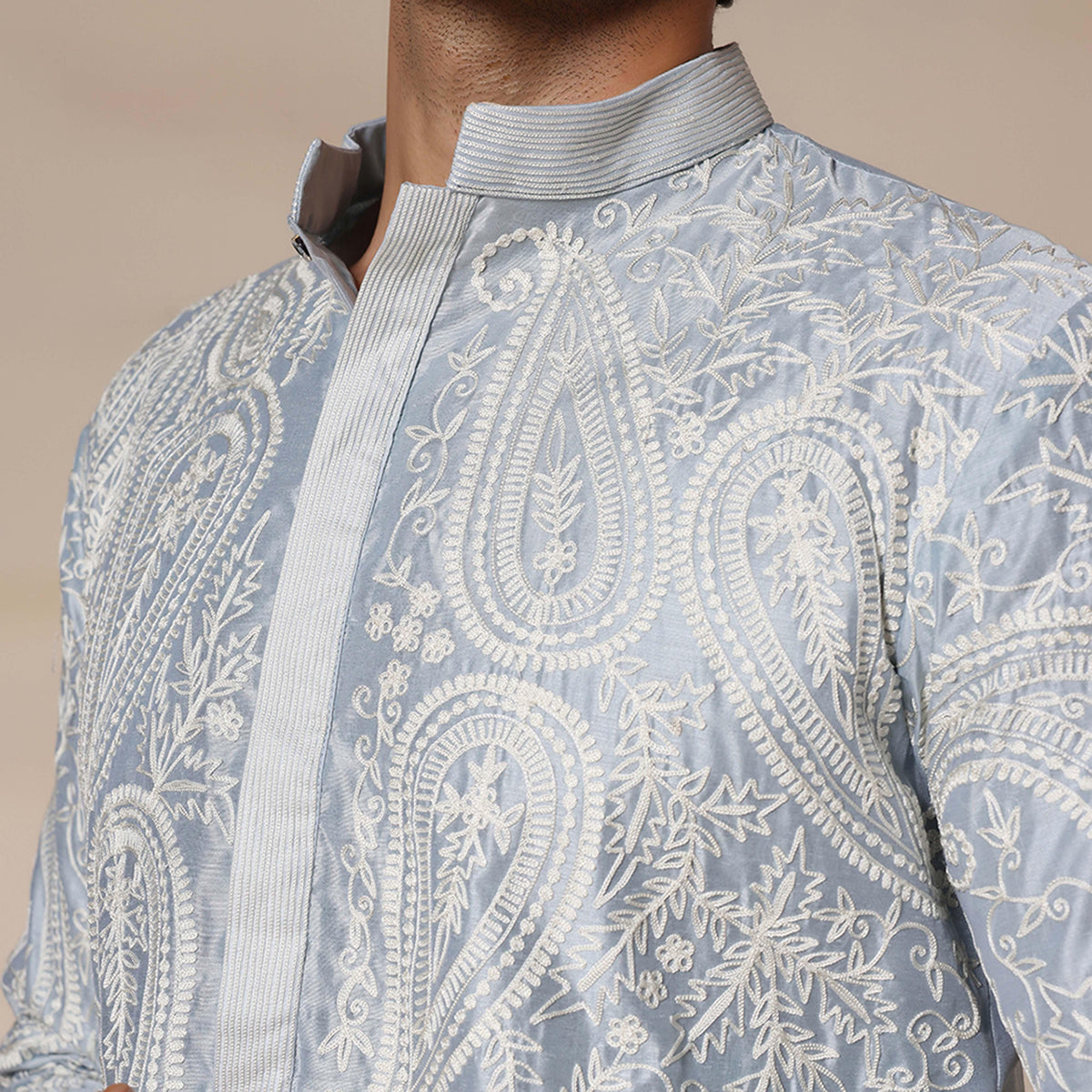 Powder Blue Men's Kurta Set With Delicate Threads Aari Work