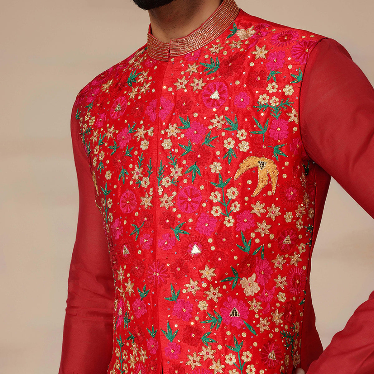 Scarlet Red Bundi Jacket Aari Works With Kurta Salwar Set