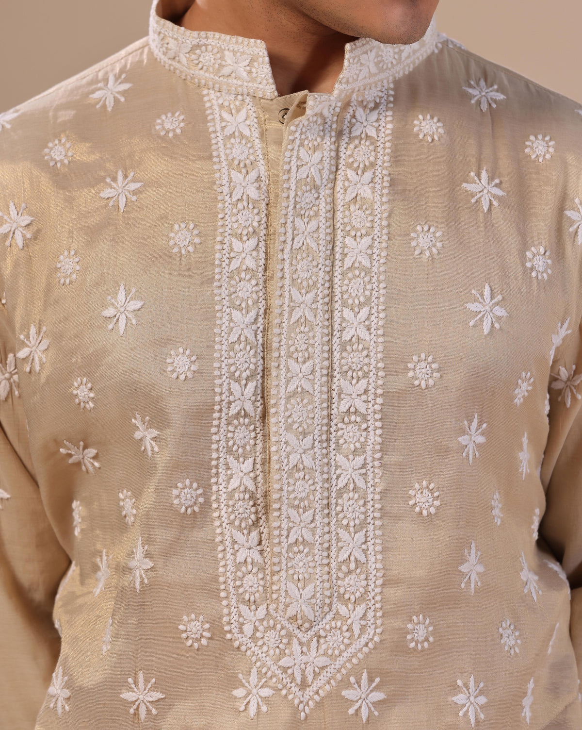 Golden Men's Chikankari Kurta With Mukesh Embellishments