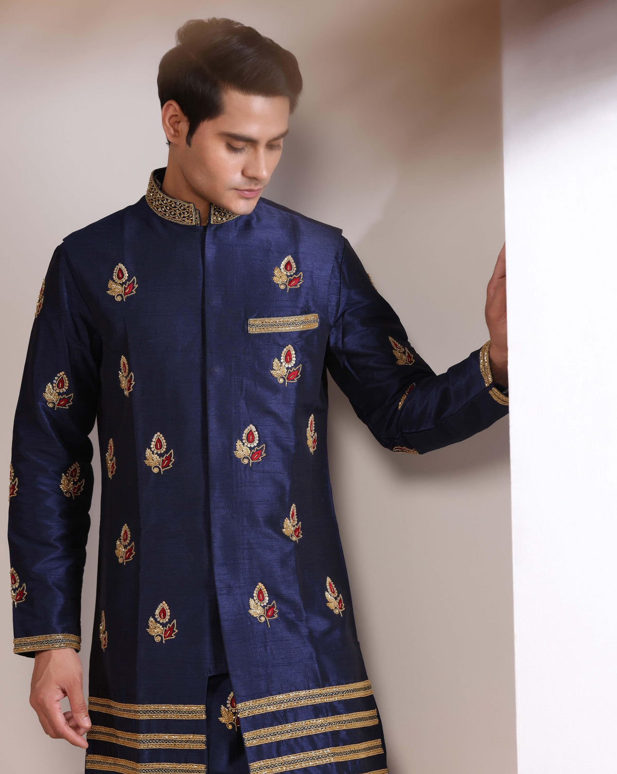 Blue Monotone Kurta Set With Long Jacket