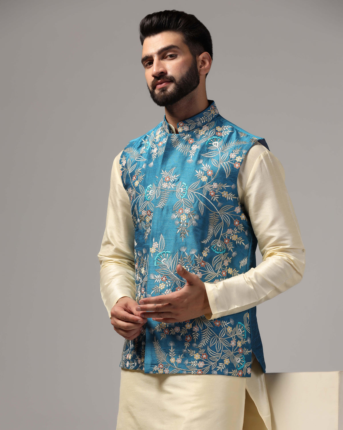 Men's Ethnic Cream Kurta Set With Blue Embroidered Nehru Jacket