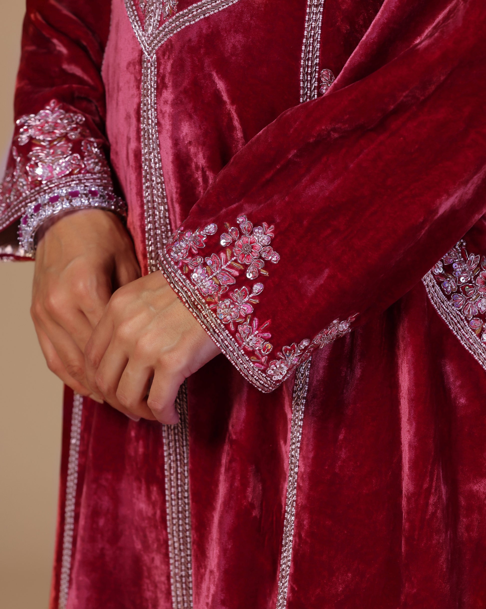 Maroon Red Velvet Embroidered Kurta Set