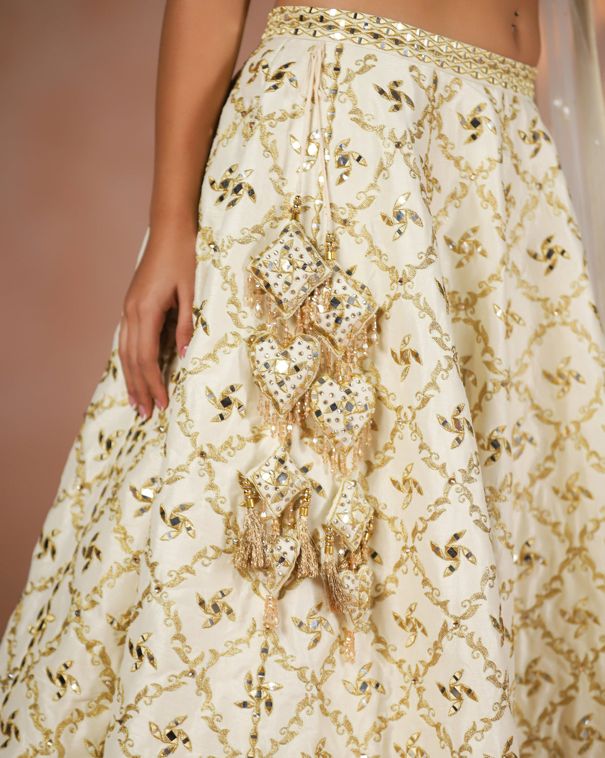 Ivory Dupion Silk Mirror Work Lehenga