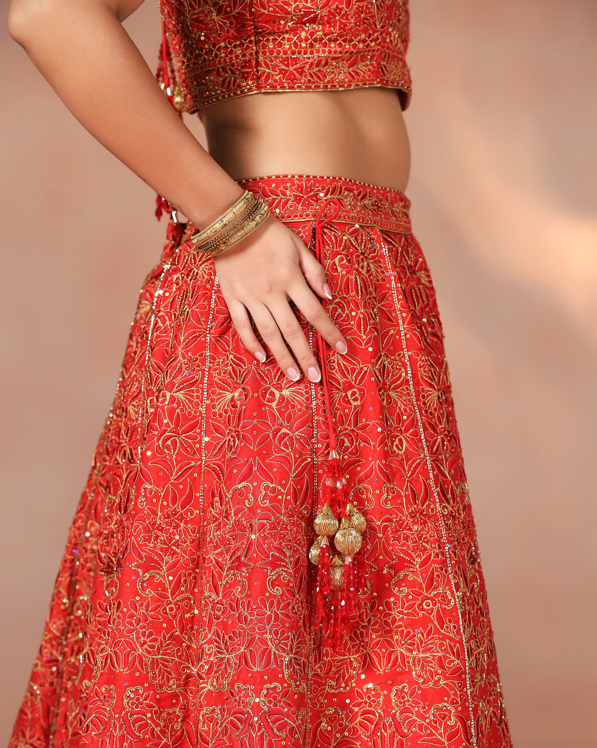 Classic Dupion Silk Red Lehenga With Thread Embroidery, Sequins & Cutdana Accents