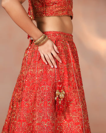 Classic Dupion Silk Red Lehenga with Thread Embroidery, Sequins & Cutdana Accents