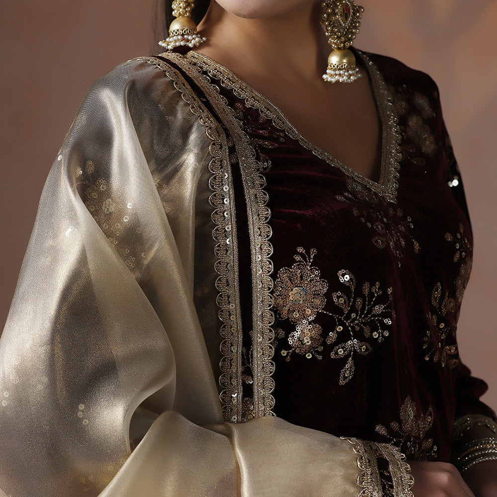 Velvet Maroon Gold Kurta Sharara Set