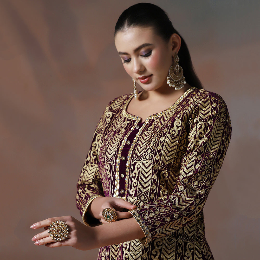 Wine Velvet Aari Mirror Embroidered Kurta Set