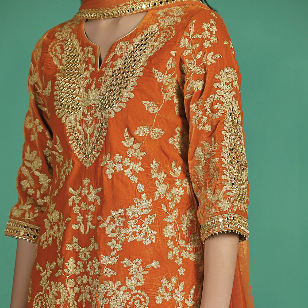 Velvet Orange Kurta Sharara Set