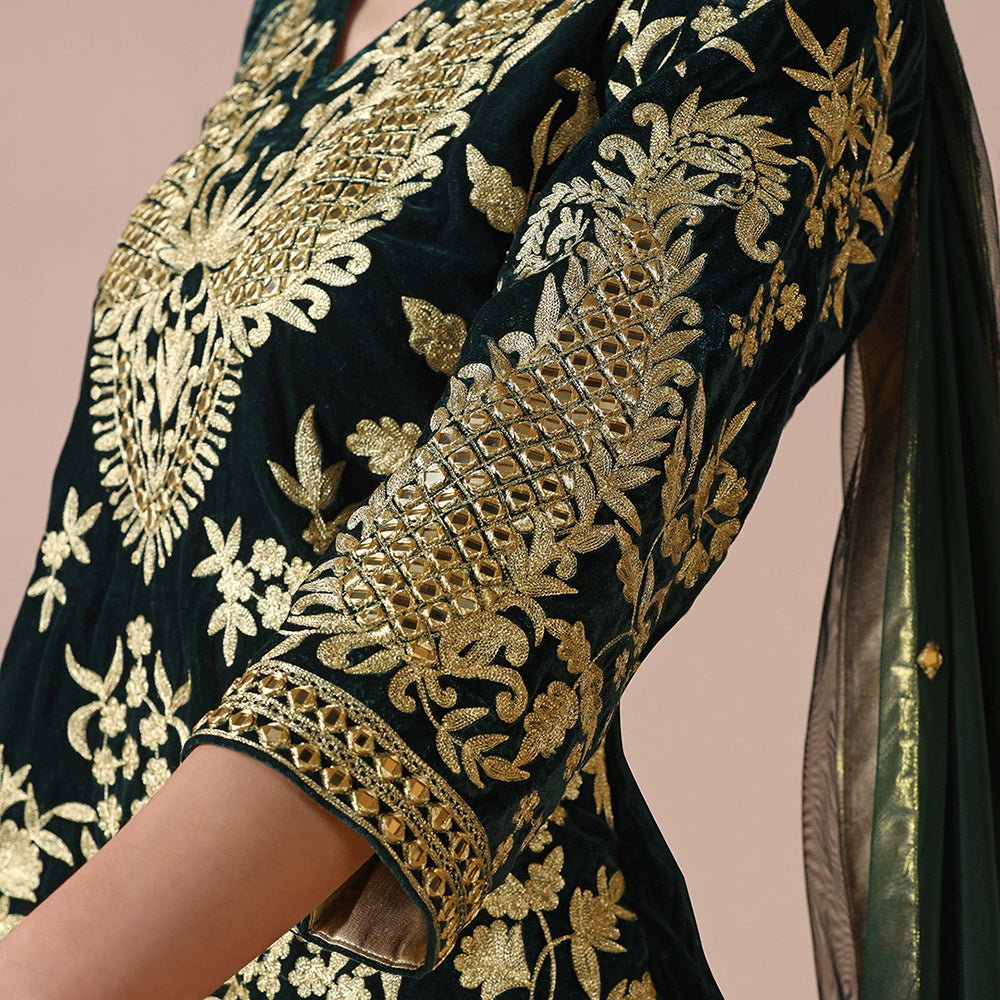 Velvet Deep Green Kurta Set