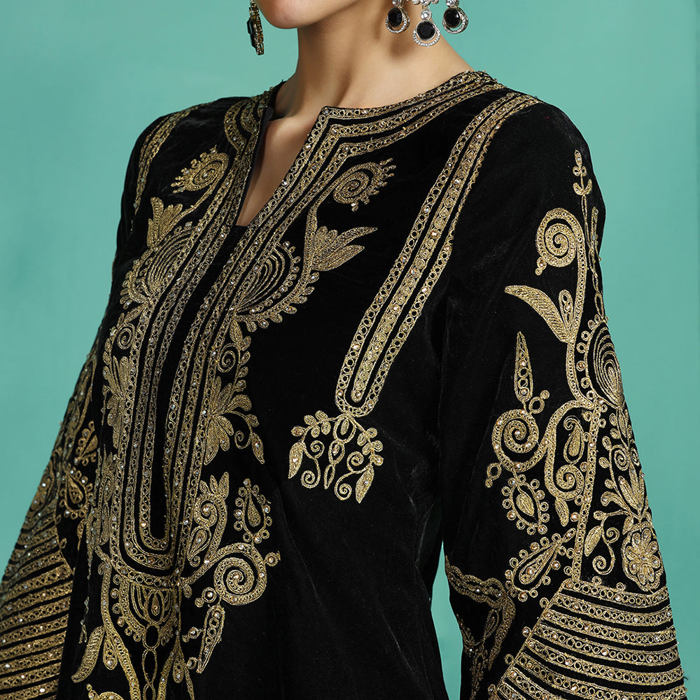 Black Velvet Embroidered Kurta Set
