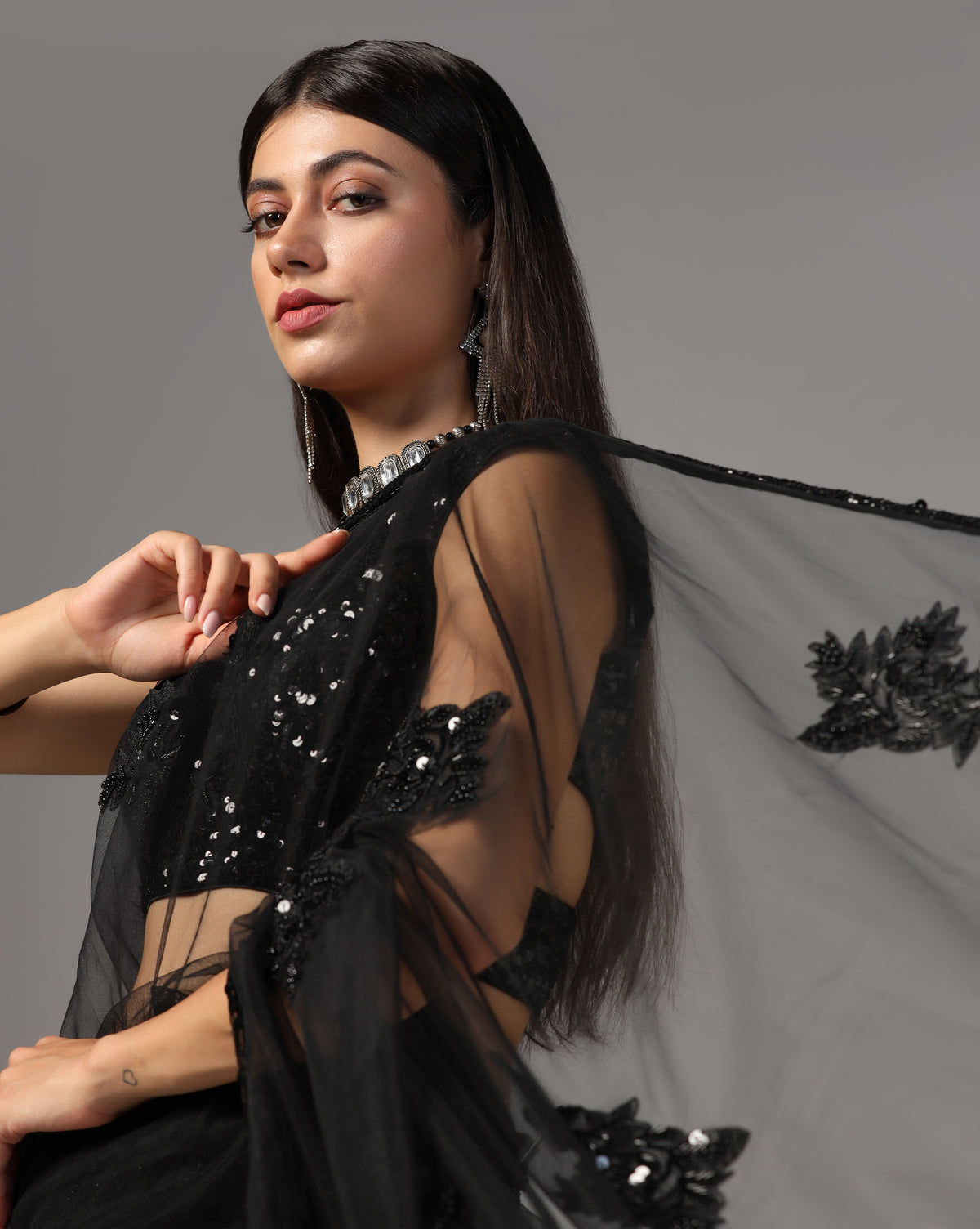 Black Net Hand Embroidered Saree
