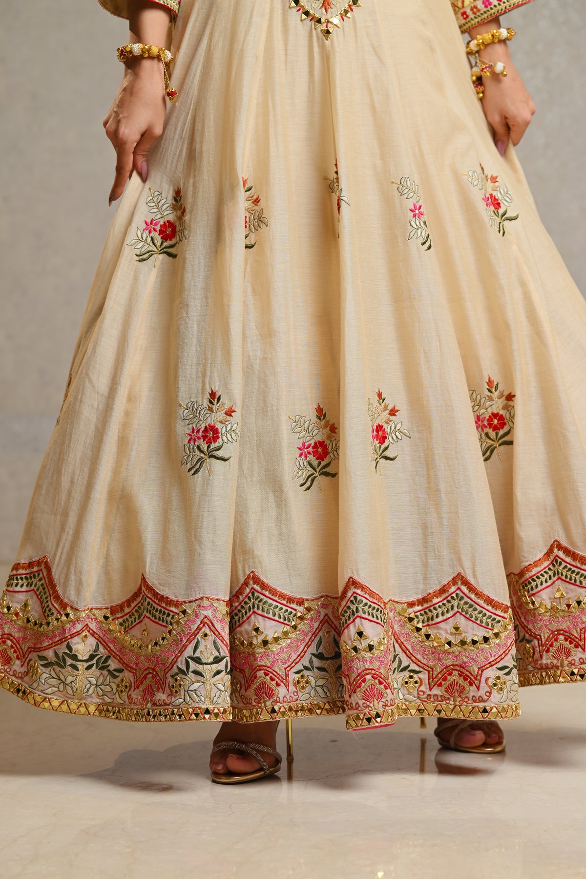 Elegant Ivory Beige Embroidered Anarkali Set
