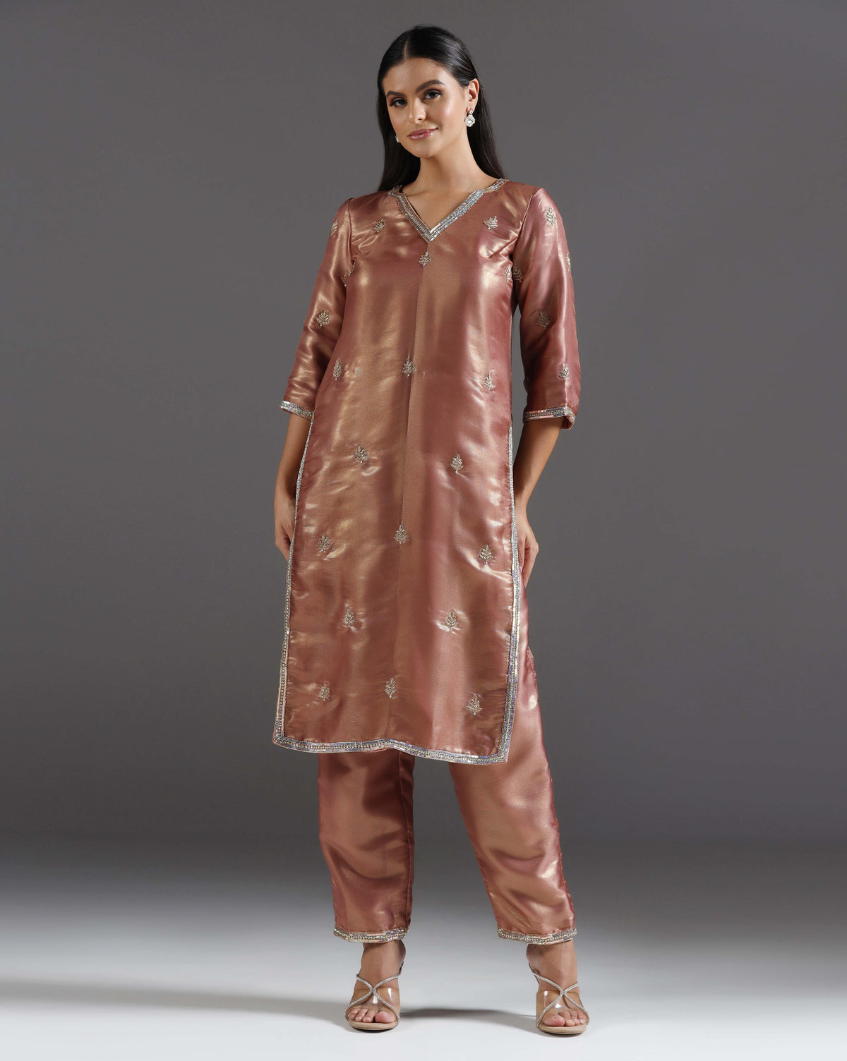 Rose Gold Radiance Tissue Kurta Pant With Handcrafted Detailing