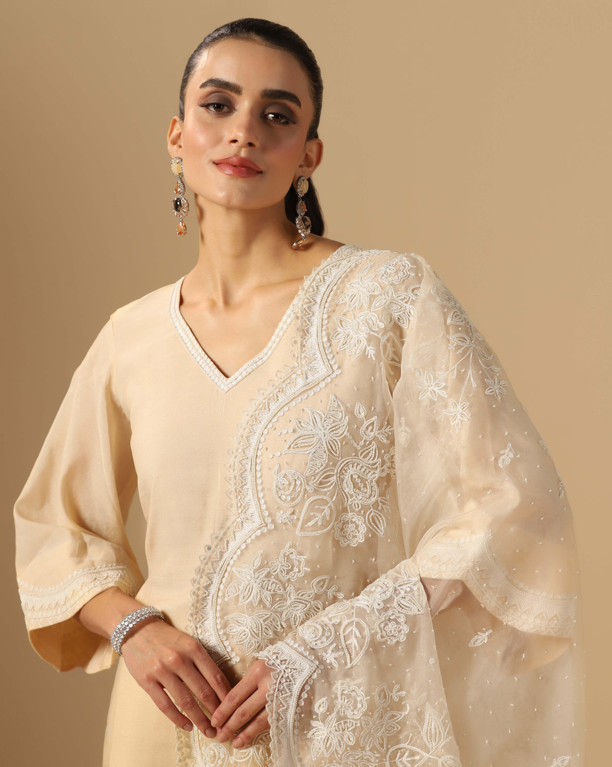 Chanderi Ivory Pearl Organza Dupatta Suit