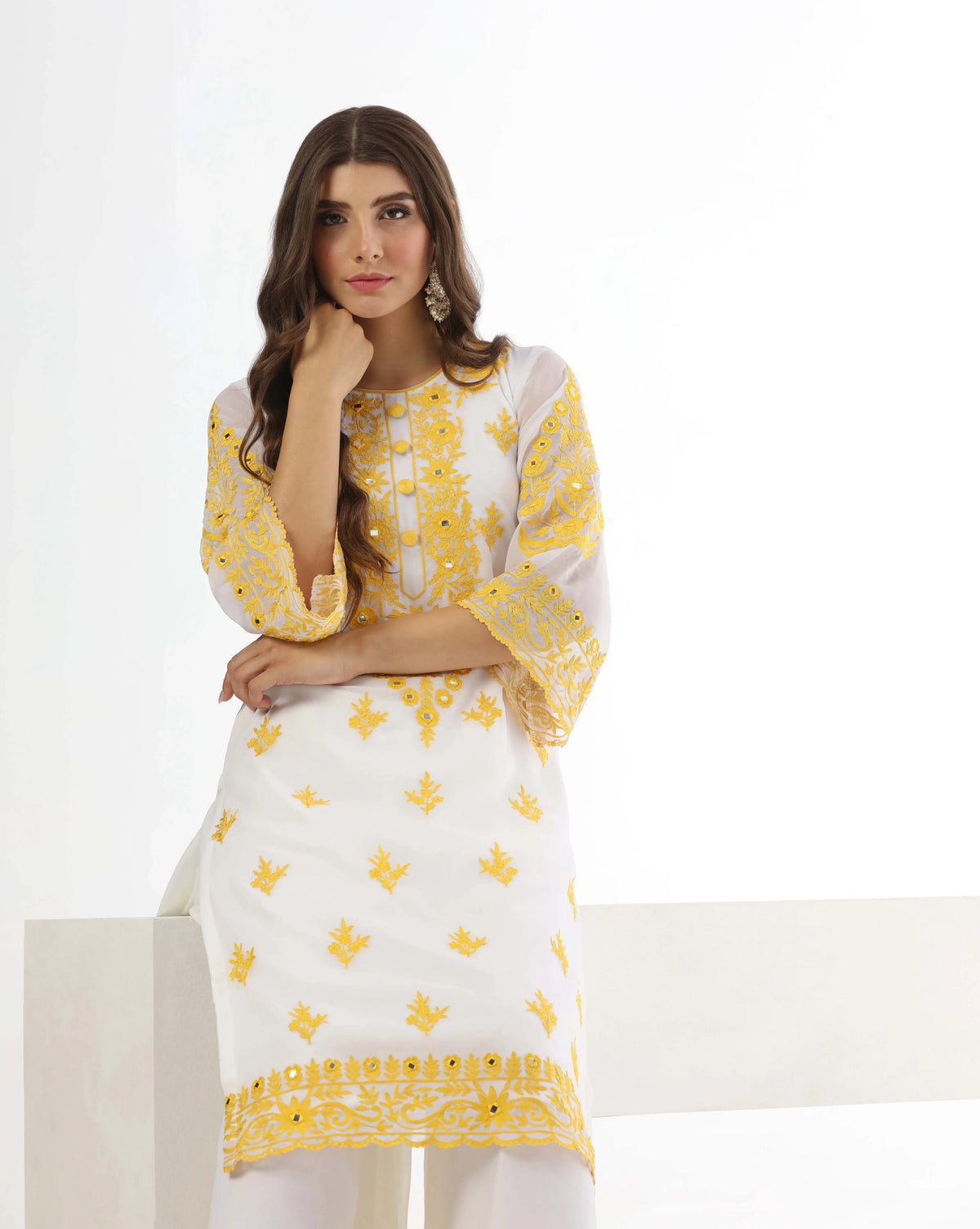 Sunshine Mirror Yellow Kurta Palazzo Set With Aari Detailing