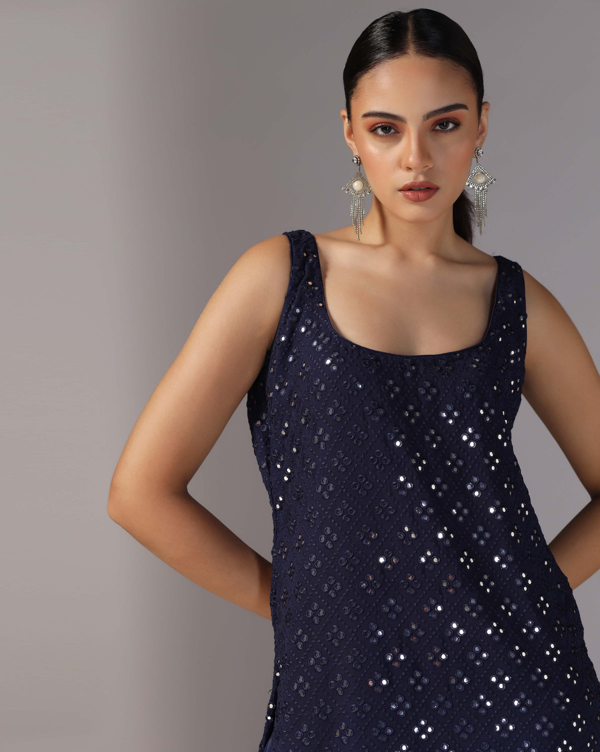 Cosmic Blue Mirror Kurti With Chiffon Sharara