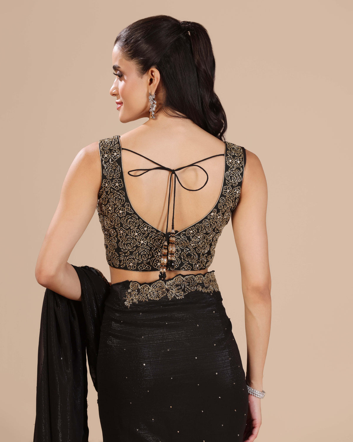 Black Cut Dana Chiffon Saree With Unstitched Blouse