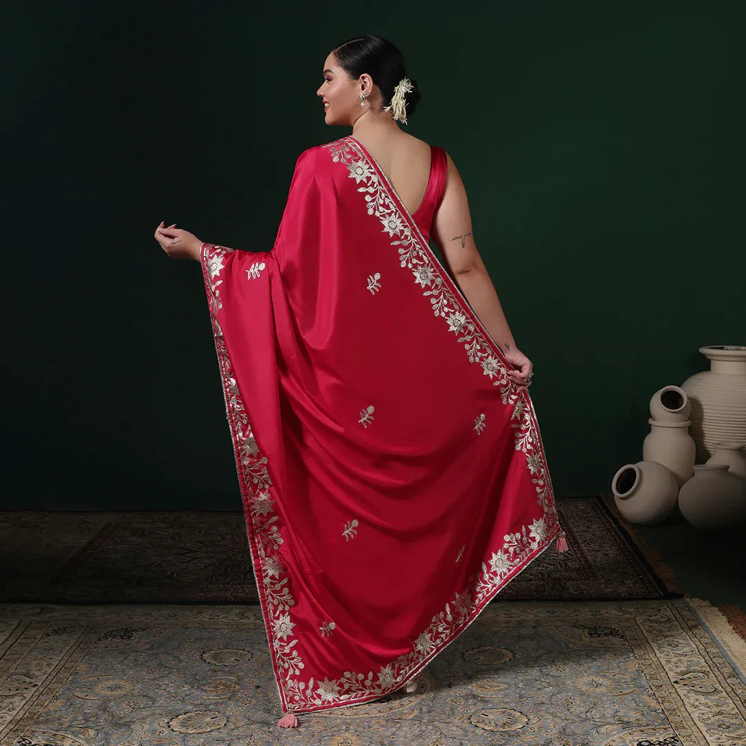 Red Gotta Crepe Saree With Unstitched Blouse