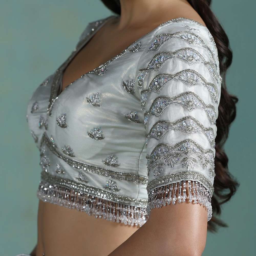 Moon Light Silver Hand Embroidered Silk Saree