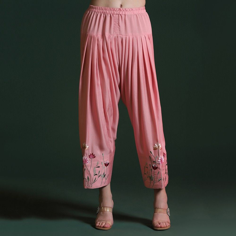 Peach Pink Crepe Embroidered Kurta Set