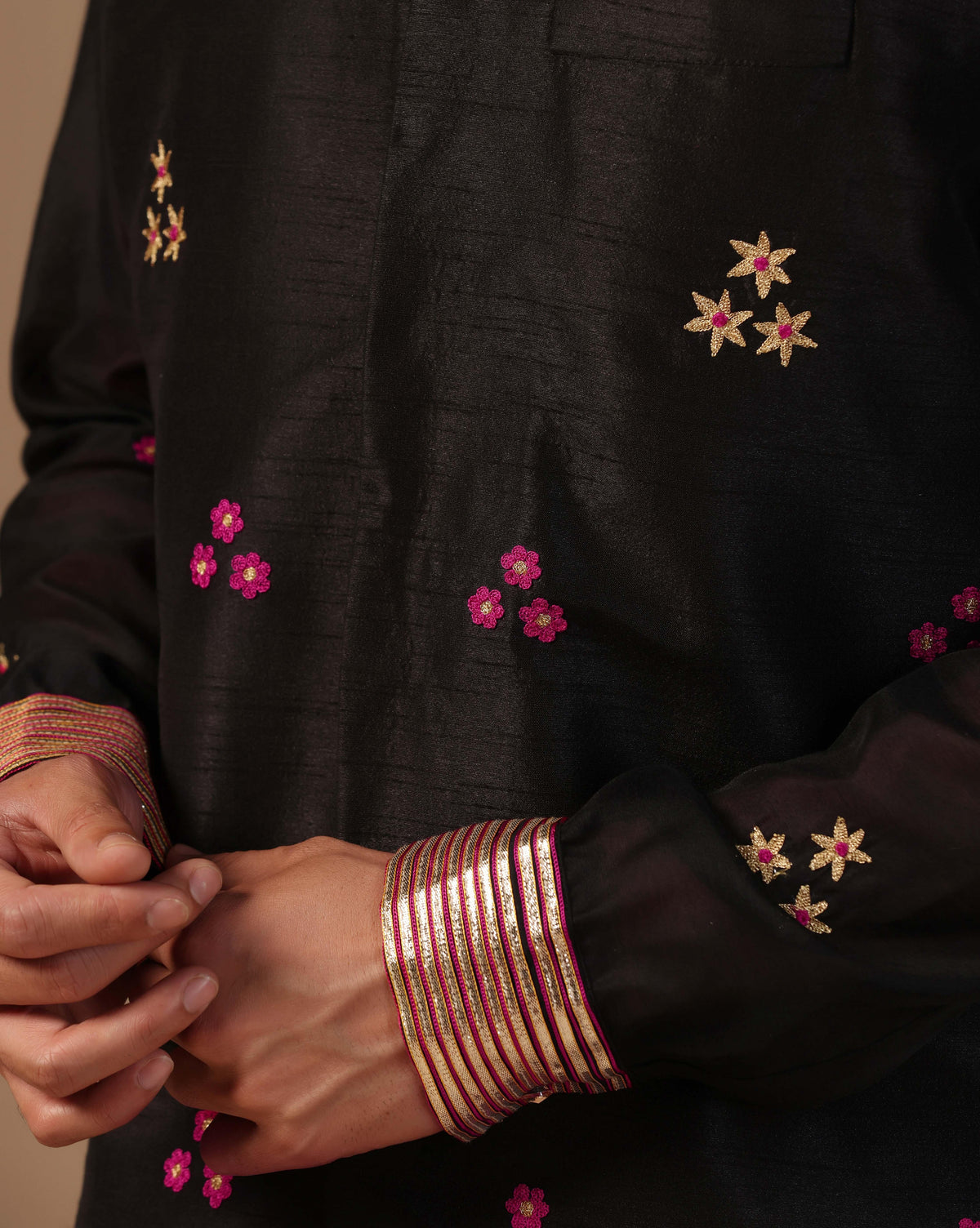 Traditional Black Chanderi Nehru Jacket With Short Kurta & Pants