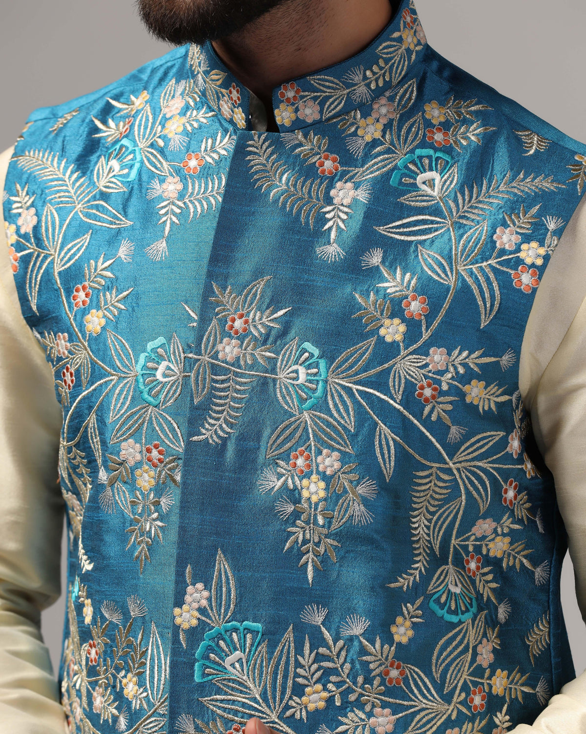 Men's Ethnic Cream Kurta Set With Blue Embroidered Nehru Jacket