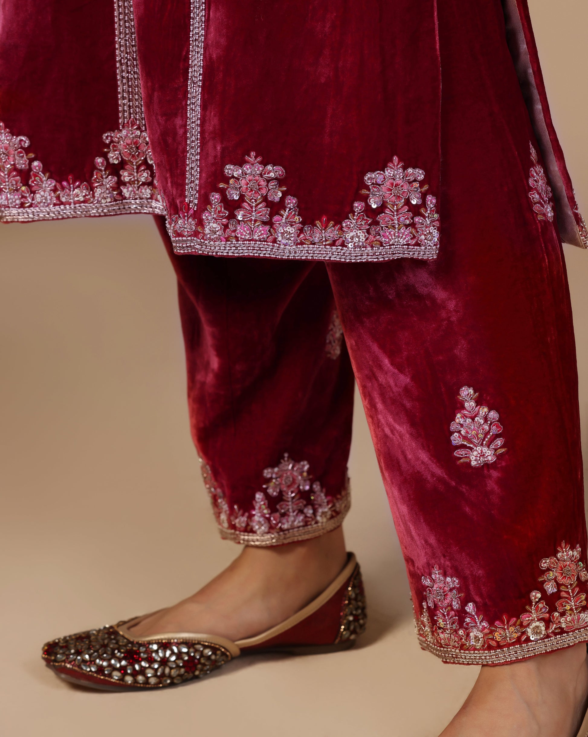 Maroon Red Velvet Embroidered Kurta Set