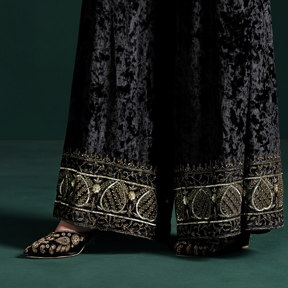 Velvet Black Maroon Kurta Sharara Set