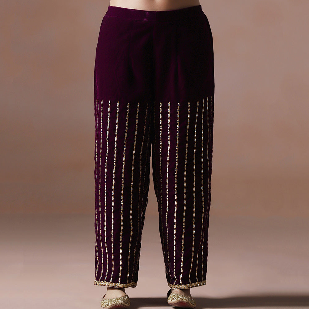 Wine Velvet Aari Mirror Embroidered Kurta Set